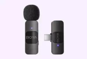 Microfone de lapela sem fio BOYA Mini com conector USB‑C para celular, ideal para gravar depoimentos em vídeo com áudio mais claro.