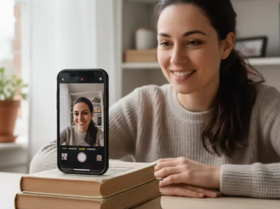 Pessoa gravando um depoimento em vídeo com o celular apoiado em livros, sentada em ambiente caseiro iluminado, mostrando como registrar um bom depoimento usando apenas o smartphone.