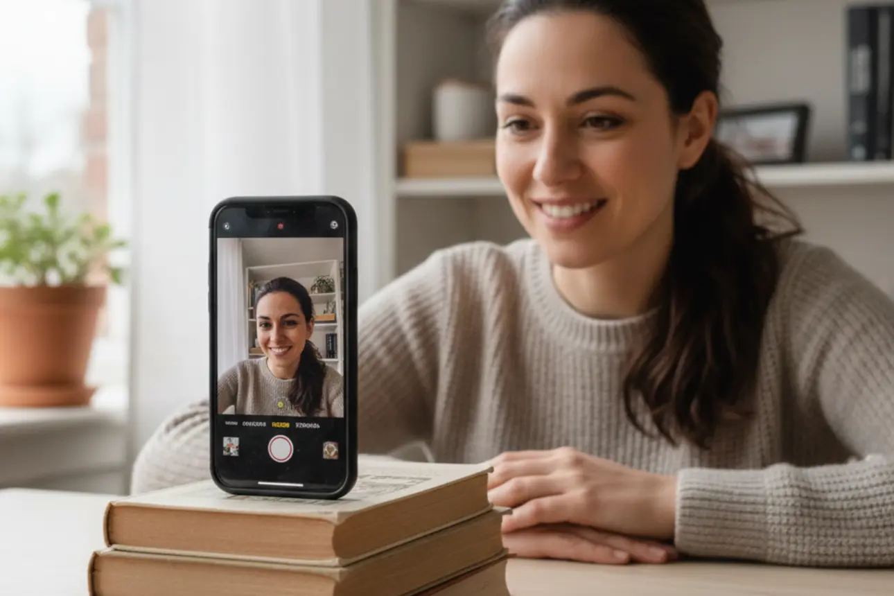 Pessoa gravando um depoimento em vídeo com o celular apoiado em livros, sentada em ambiente caseiro iluminado, mostrando como registrar um bom depoimento usando apenas o smartphone.